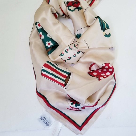Talbot's 100% Silk Christmas Coffee Mug Bandana Square Scarf 22" x 22" EC - Picture 1 of 7